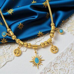 🆕18K Gold Plated Stainless Steel Turquoise Necklace Sun Tree Of Life Charms